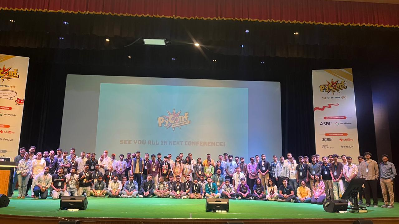 PyConf Hyderabad 2026 organizing team on stage after the conference